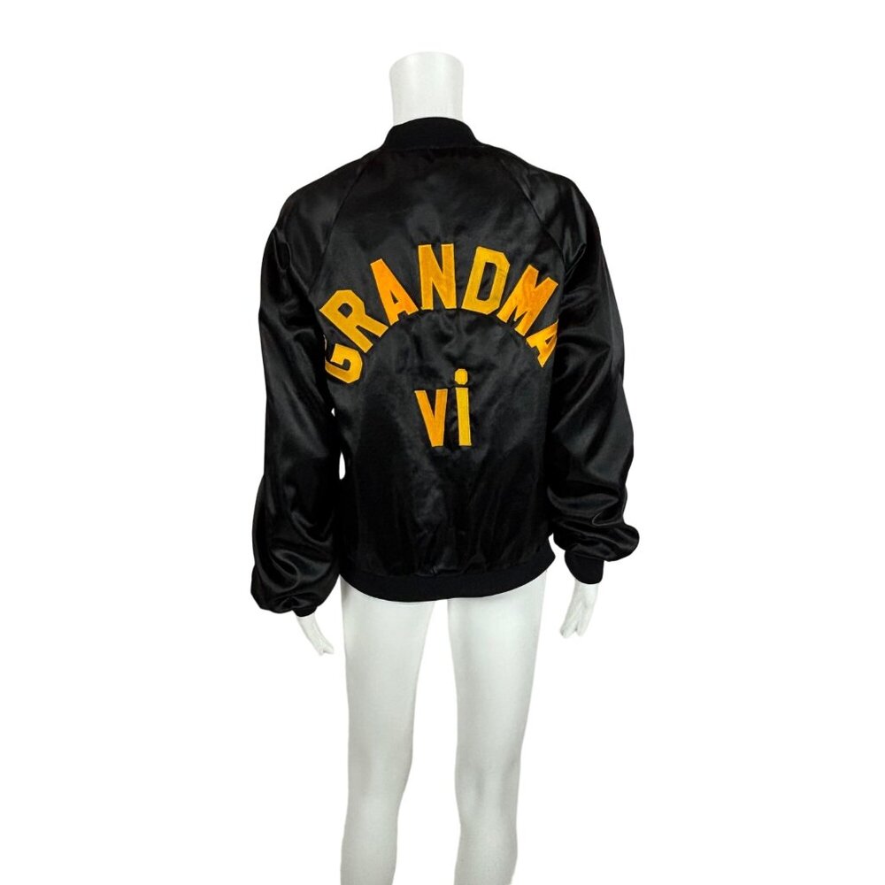Vintage 80s Satin Bomber Women's Small Grandma VI Lettered Black Button Up Jacke - Picture 2 of 11